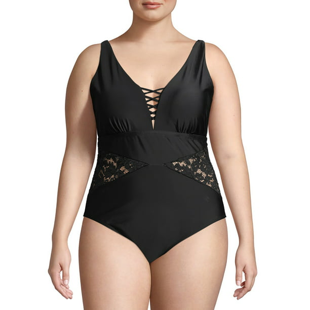 Carmen Marc Valvo Womens Strappy One Piece Swimsuit with Gold Foil Detail 